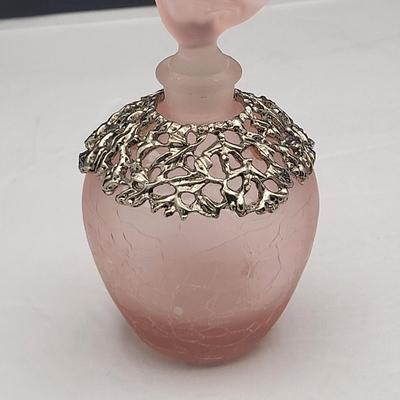 80's Frosted Pink Crackle Glass Hummingbird Perfume Bottle
