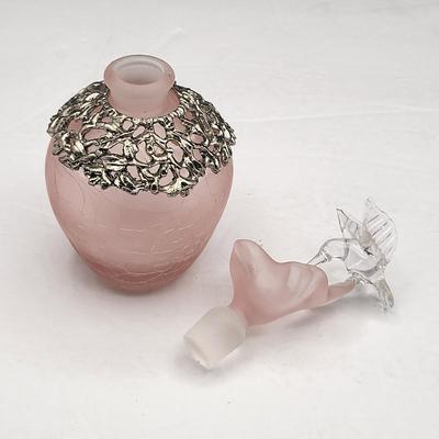80's Frosted Pink Crackle Glass Hummingbird Perfume Bottle