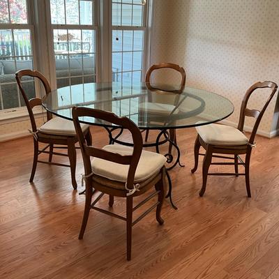 Sale Photo Thumbnail #59: Table measures 60" in diameter x 29.5" high 
Chairs are all in good condition with rush seat and made by Pottery Barn 
Measuring 36.5" high x 16" wide x 18" seat depth x 15.5" seat height