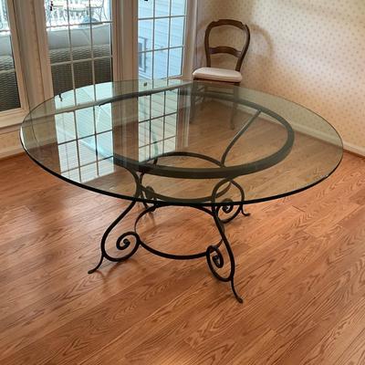 008 Large Round Glass top Iron Base Table with 4 Pottery Barn Rush Seat Chairs