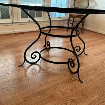 008 Large Round Glass top Iron Base Table with 4 Pottery Barn Rush Seat Chairs