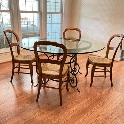 008 Large Round Glass top Iron Base Table with 4 Pottery Barn Rush Seat Chairs