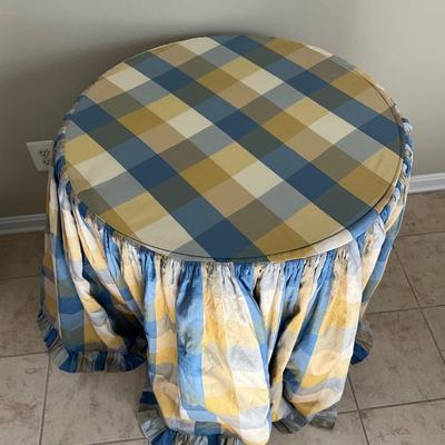 013 Glass Top Blue and Yellow Silk Check Skirt with Glass Top Table