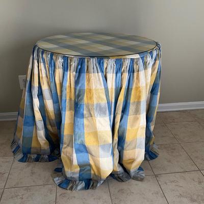013 Glass Top Blue and Yellow Silk Check Skirt with Glass Top Table