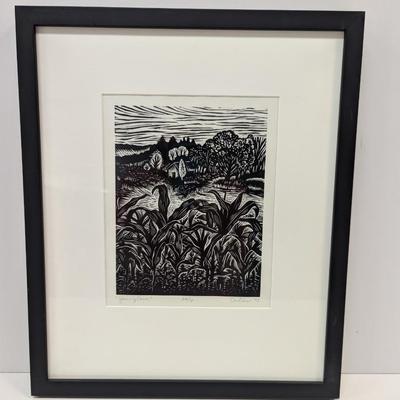Signed & Numbered "Young Corn" Original Linocut Print By Mollie Doctrow Approx 15" x 18"