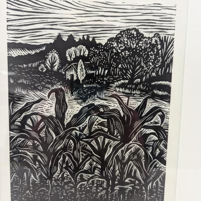 Signed & Numbered "Young Corn" Original Linocut Print By Mollie Doctrow Approx 15" x 18"