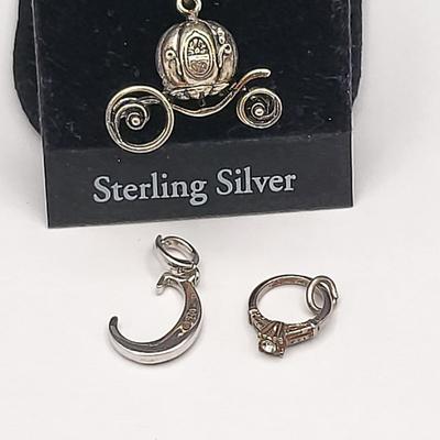 Collectible Sterling Disney Carriage, Initial C Diamond Pendant + Mini Ring Charm