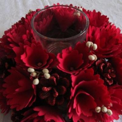 Wood Flower and pine cones arrangement with battery-operated candle