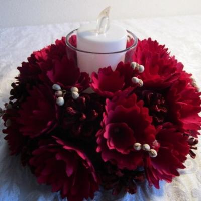Wood Flower and pine cones arrangement with battery-operated candle