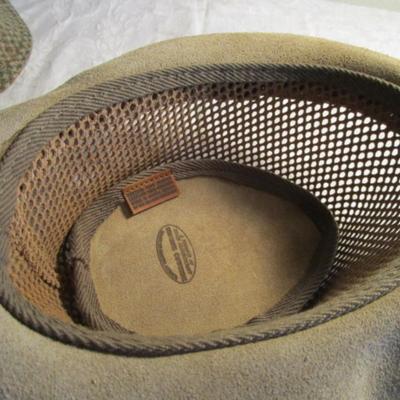 Genuine Cowhide hat estimate size 7-1/4; Deerstalker hat made in Wales pure wool est size 7-1/8).