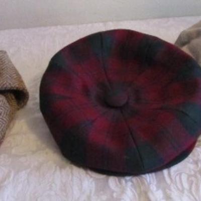Gray Wilson Suede adjustable newsboy hat; Highland Home Industries red plaid newsboy hat made in Scotland size 7-3/4-7-7/8; Brown/beige...