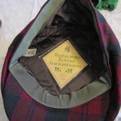 Gray Wilson Suede adjustable newsboy hat; Highland Home Industries red plaid newsboy hat made in Scotland size 7-3/4-7-7/8; Brown/beige...