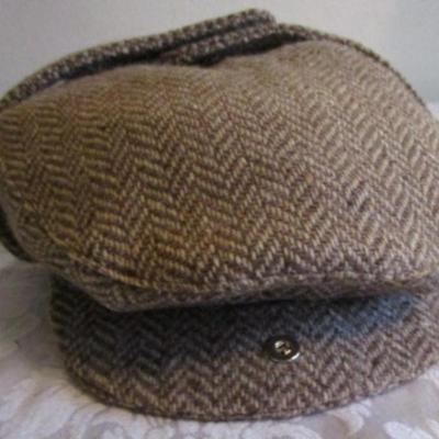 Gray Wilson Suede adjustable newsboy hat; Highland Home Industries red plaid newsboy hat made in Scotland size 7-3/4-7-7/8; Brown/beige...