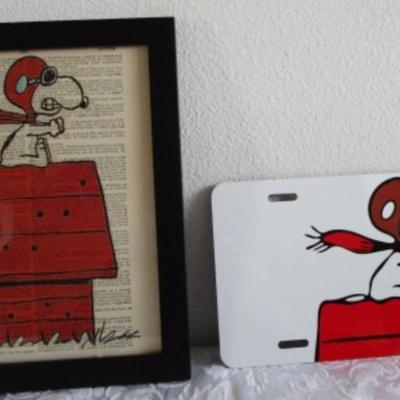 Snoopy WWII flying ace framed picture and license plate