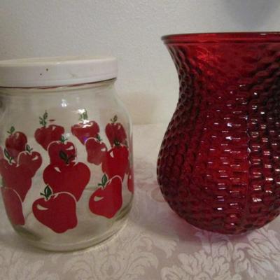 1 decorative 1/2 gallon glass jar with lid, 1 large red vase