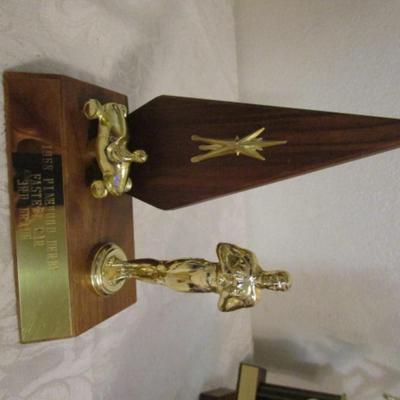 2 pinewood derby trophies & pinewood derby car