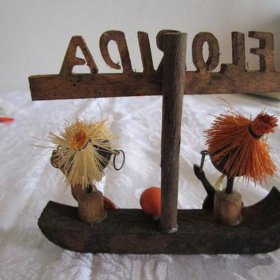 Vintage Florida souvenir Tiki wooden natives on boat