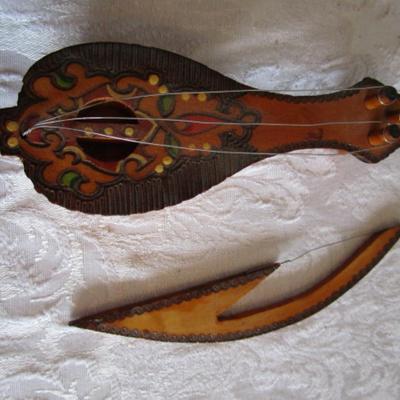 Vintage decorative fiddle with bow, handmade wooden musical instrument