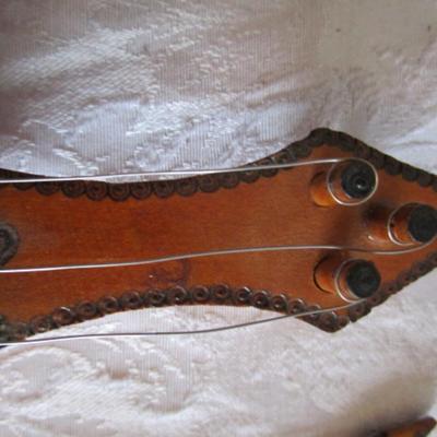 Vintage decorative fiddle with bow, handmade wooden musical instrument