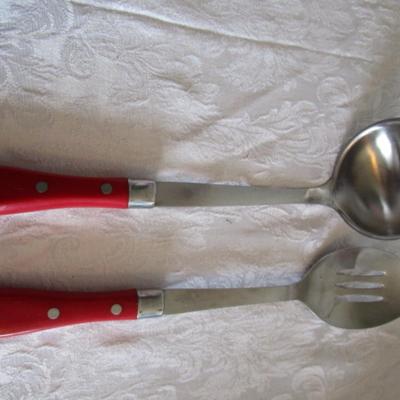 Pioneer Woman ladel and slotted serving spoon, red handles