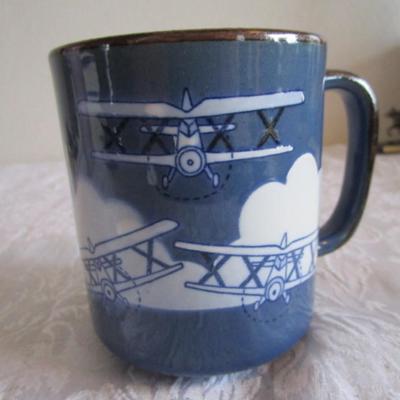 Vintage Otagiri Stoneware Flying Biplanes Blue & White Airplane Aviation Coffee Mug 14 oz.