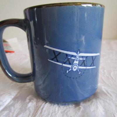 Vintage Otagiri Stoneware Flying Biplanes Blue & White Airplane Aviation Coffee Mug 14 oz.