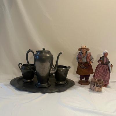 Pewter Tea Set & Two Ceramic Figurines (LR-MG)