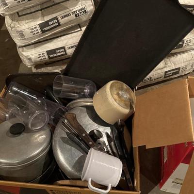 Misc dishes, pots, pans, silverware and glasses