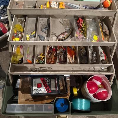 Baseball bats, fishing items, snowboard and lawn chairs