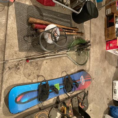 Baseball bats, fishing items, snowboard and lawn chairs