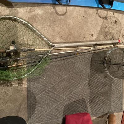 Baseball bats, fishing items, snowboard and lawn chairs