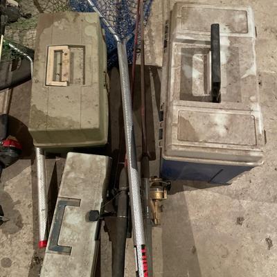 Baseball bats, fishing items, snowboard and lawn chairs