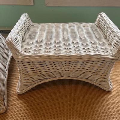 Two wicker chairs & footstool