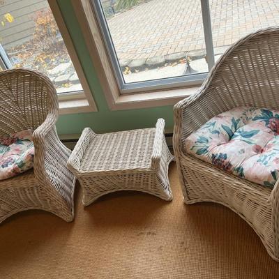Two wicker chairs & footstool