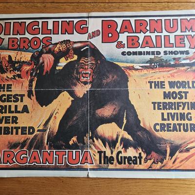 Sale Photo Thumbnail #104: This auction lot is for a Vintage Circus Poster.  The poster touts Gargantua the Great - a giant Gorilla.  This advertisement is for the Ringing Brothers and Barnum & Bailey Circus.  Measures about 16.5 X 24-inches.  There are several crease rips and edge