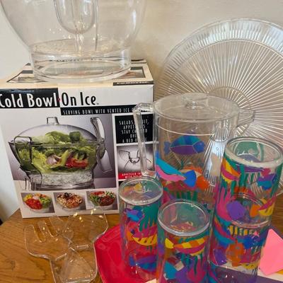 Cold Bowl on Ice & plastic fish glasses, pitcher & tray