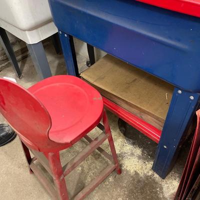 Small red stool with solvent parts cleaner