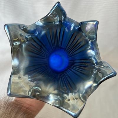 Lot 76 Fenton Blue Swung Carnival glass vase