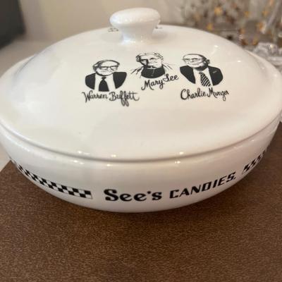 50th Anniversary See’s Candy dish, crystal & 9 glass coffee cups