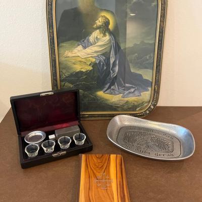 Traveling Communion Set, Vintage Jesus picture, bible, daily bread plate