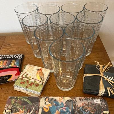 10 beverage glasses, coasters & drink parasols