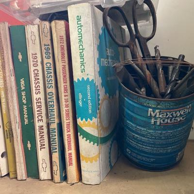 Vintage car books and drill bits