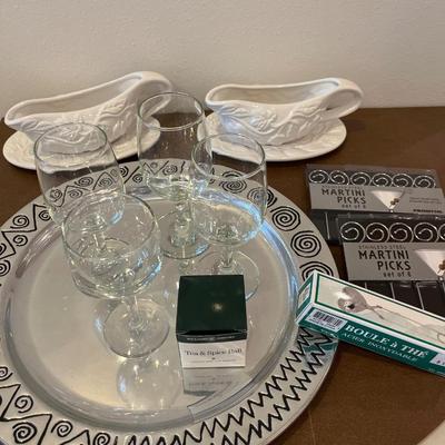 Wilton “Reggae” 12 1/2” platter, gravy boats, martini picks. Etc