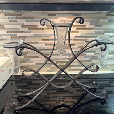 Candleholder/vase and pink bowl w/decor