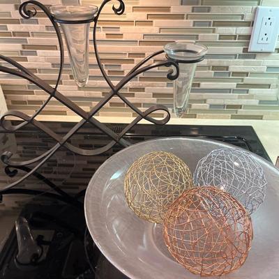 Candleholder/vase and pink bowl w/decor