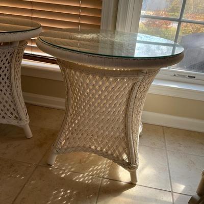 017 Pair of Like New Lloyd Flanders Grand Traverse Wicker Glass Top Tables