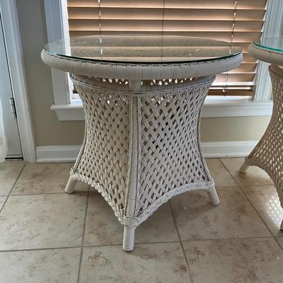 017 Pair of Like New Lloyd Flanders Grand Traverse Wicker Glass Top Tables