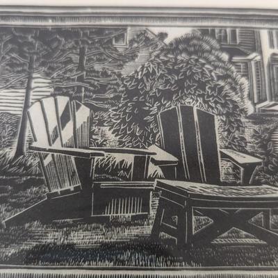Signed & Numbered "Adirondack Chairs" By Beth Krommes Art Approx 13 12/" x 14 1/4"