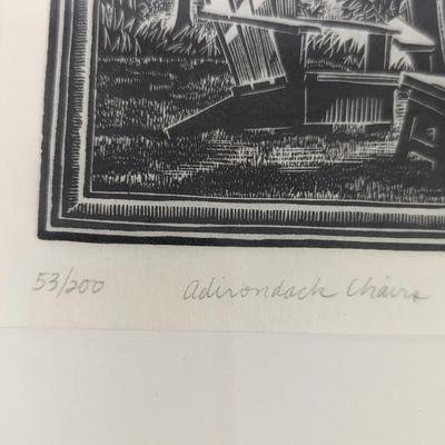 Signed & Numbered "Adirondack Chairs" By Beth Krommes Art Approx 13 12/" x 14 1/4"