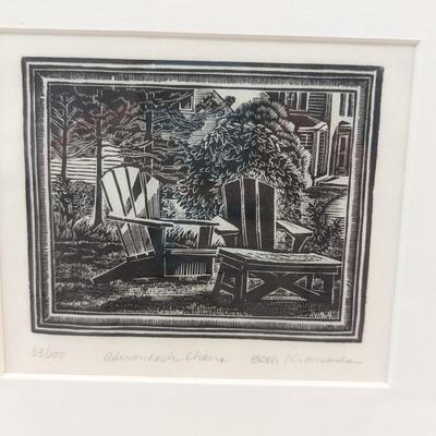 Signed & Numbered "Adirondack Chairs" By Beth Krommes Art Approx 13 12/" x 14 1/4"